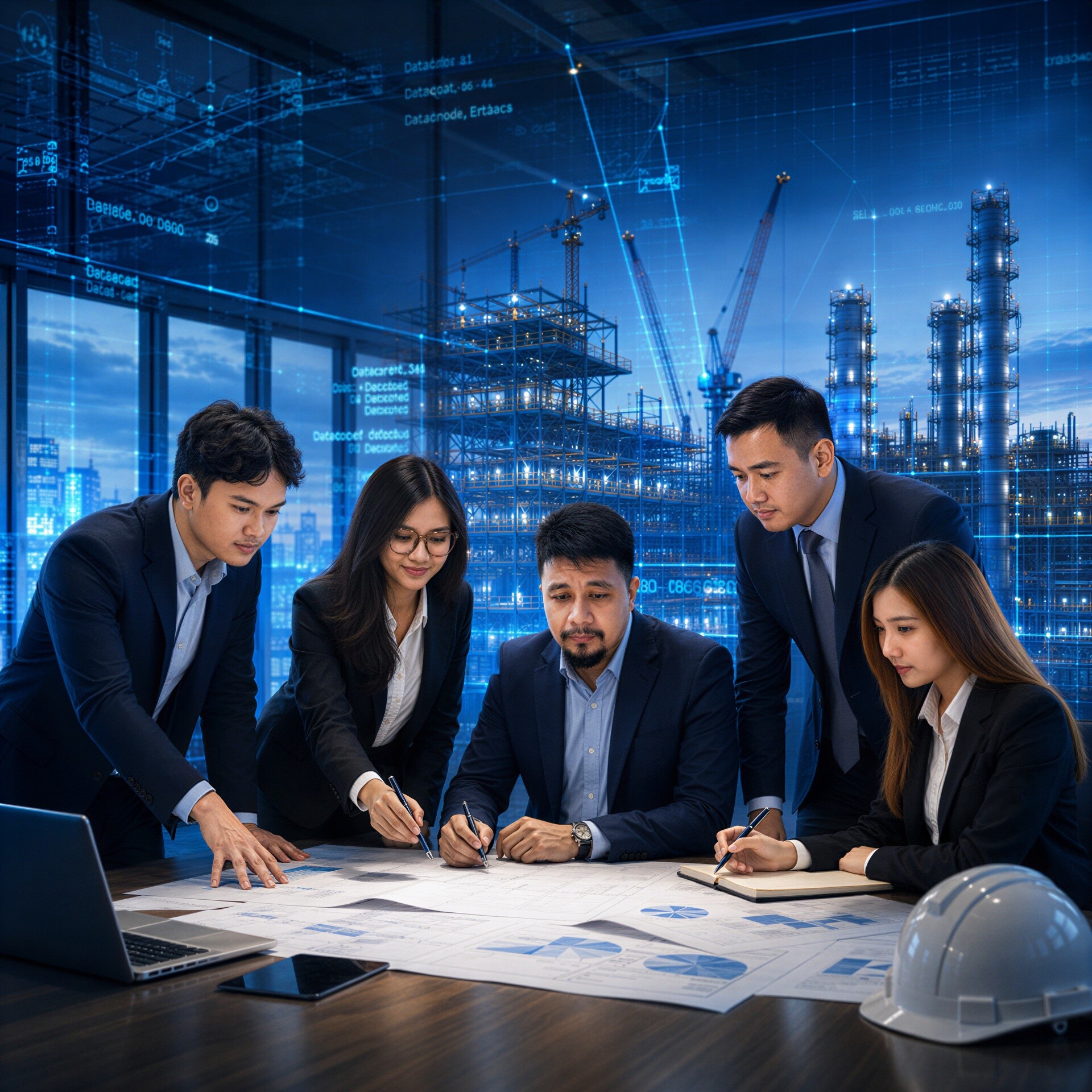 Project professionals collaborating around technical plans